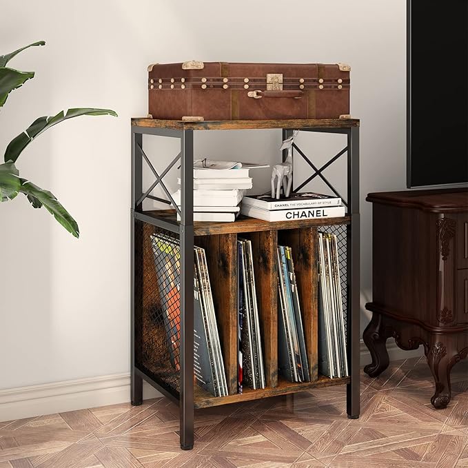 3-Tier Record Player Stand, Vinyl Record Storage Turntables for Vinyl Records, Record Player Table Holds Up to 200 Albums, Mid-Century Turntable Stand for Living Room, Bedroom, Office