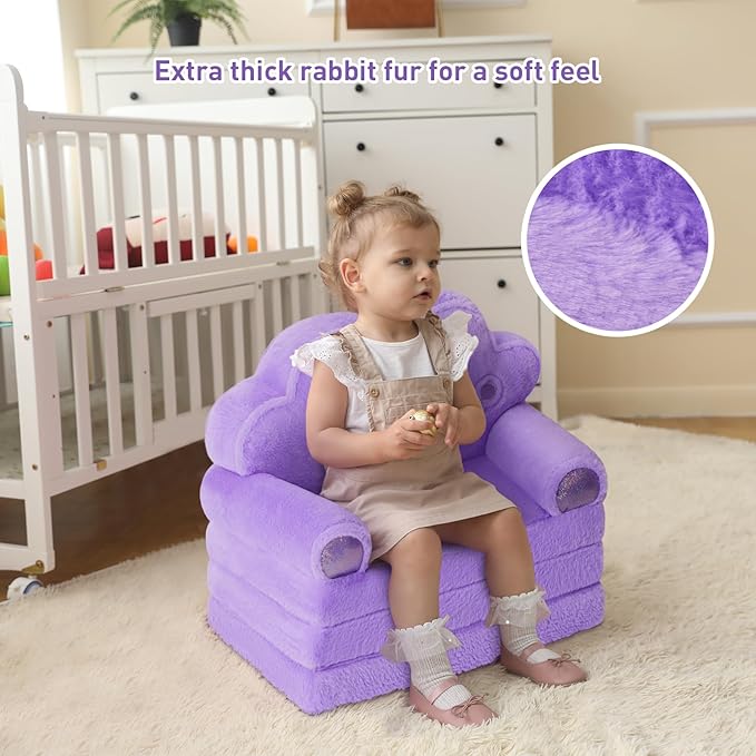 MOONBEEKI Toddler Chair Comfy，Foldable Princess Couch for Girl, Toddler Recliners for Kids Over 18 Months, Kids Sofa Bed Fold Out(Purple)