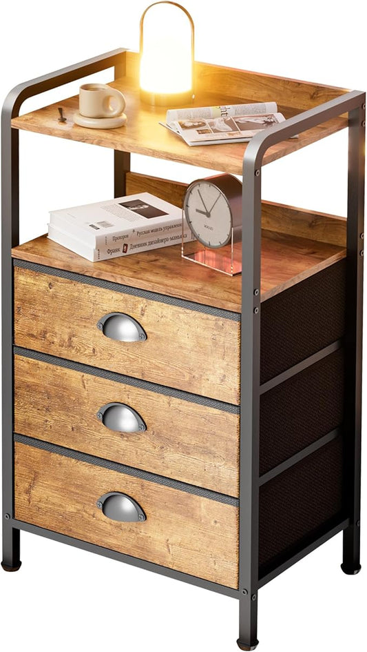 Night Stand Bedside Storage Drawers Bed Side Table Drasser Organizer Nightstand with Shelf End Tables with 3 Chest Drawer Traditional Night Stands for Bedroom Living Room Dorm Rustic Brown