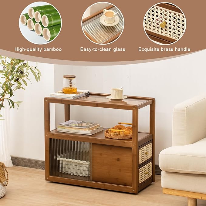 Bamboo & Rattan Side Table with Glass Top – 2-in-1 End Table and Bedside Cabinet with Drawer Storage for Small Spaces, Bedroom, Living Room,Walnut