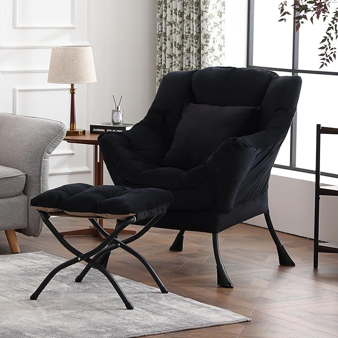 Lazy Chair with Ottoman, Modern Lounge Accent Chair with a Pillow, Leisure Sofa Armchair Set, Reading Chair with Footrest for Living Room, Bedroom, Dorm Room, Office, Velvet Black