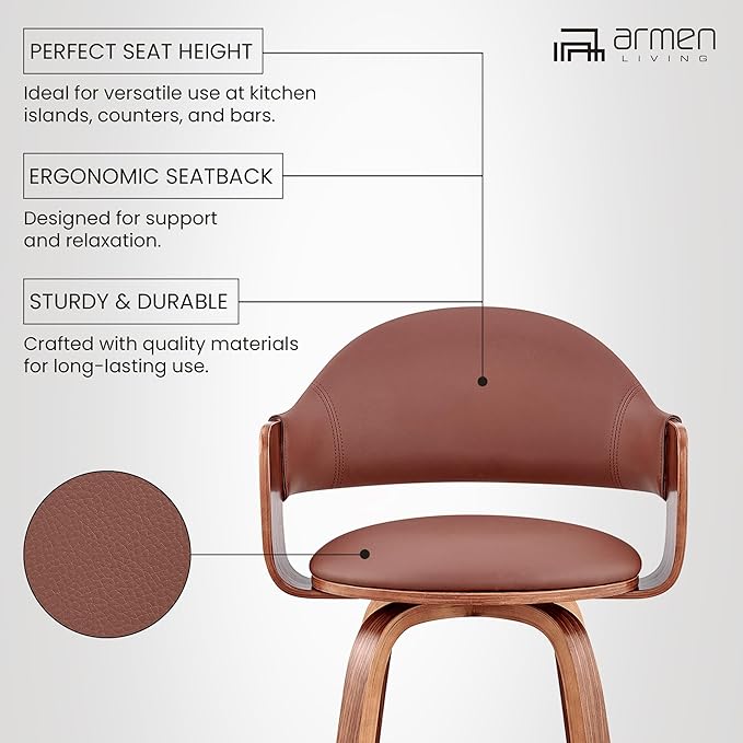 Armen Living Daxton Mid Century Modern Swivel Bar Stool for Kitchen Island Counter in Brown Faux Leather and Walnut Wood, 26" Seat Height