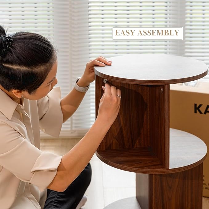 KAYMILY Living Room Side Table, Office Round Rotating End Table, Bedroom Mid Century Modern Nightstands, Contemporary Accent Tables - Easy Assembly - MDF Wood - Revolving - Walnut