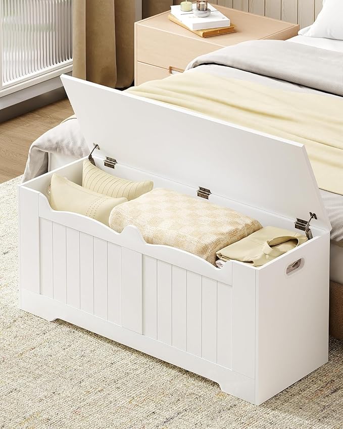 43.3" Storage Chest, Extra Large Storage Trunk with 2 Safety Hinges, Lift-Top Bench Box, Wooden Chest Organizer, Shoe Bench for Entryway, Bedroom, Living Room, White SB25503X