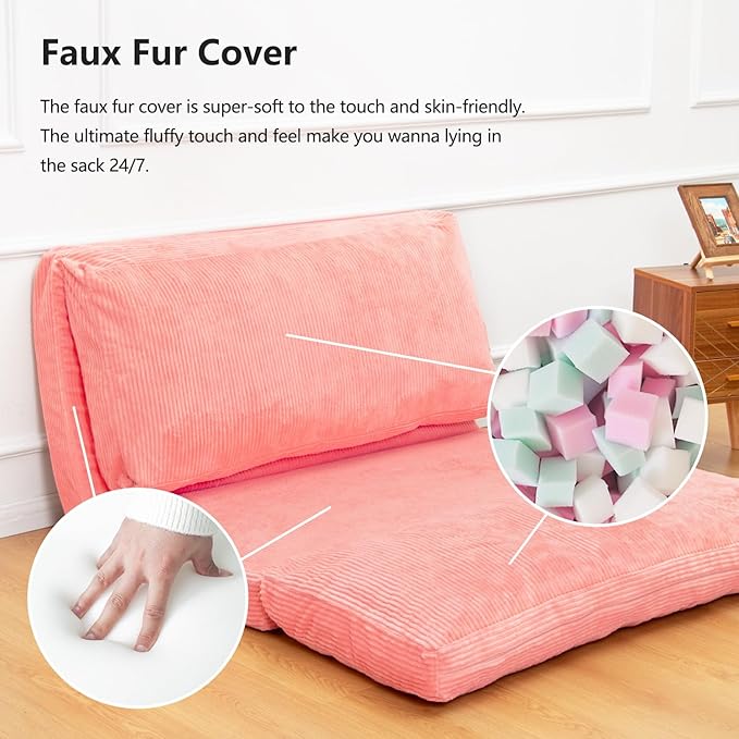 N&V Folding Matress Sofa Bean Bag Bed, Foam Filling Folding Matress Sofa, Includes Removable and Machine Washable Cover, Soft Premium Corduroy (Medium, Salmon)