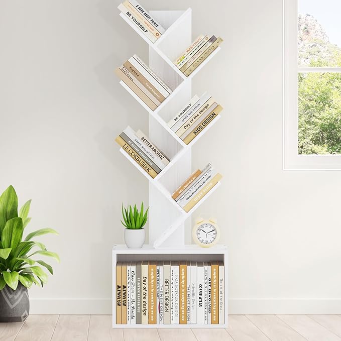 6 Tier Tree Bookshelf, Sturdy Retro Floor Standing Wood Bookcase, Storage Rack for Home Office, Living Room, Bedroom, Reading Spot, Heavy Book Organizer Shelves for CDs/DVDs/Movies, White