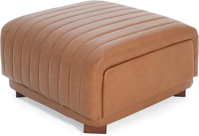 Christopher Knight Home Reyno Upholstered Ottoman with Storage for Living Room, Faux Leather Storage Ottoman Foot Rest with Side Drawers, Modern Square Coffee Table with Wooden Frame, Brown