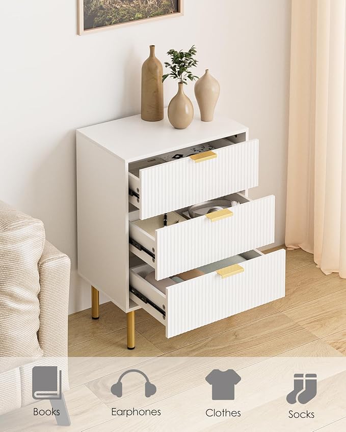 Night Stand,Tall Bedside Table with 3Storage Drawers,White Nightstand,Bedside Furniture,Side Table with Gold Frame,End Table for Bedroom,Living Room (Modern-3drawers, White)