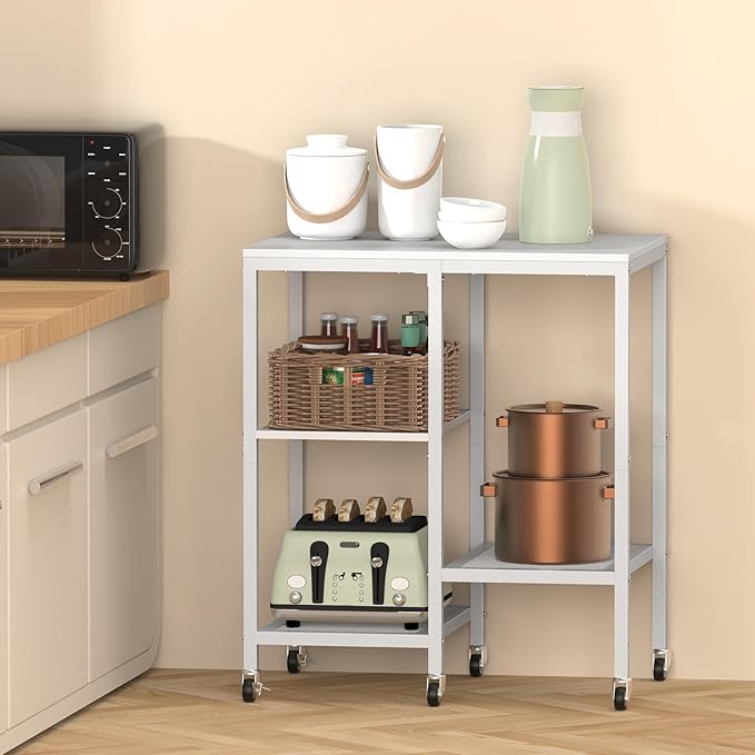 Kitchen Microwave Cart with Wheels,Coffee Bar Table Station,4-Tier Rolling Baker's Oven Rack,Small Appliance Storage Shelf,Utility Trolley Side Table for Kitchen,Office, Living Room (Snowy White)