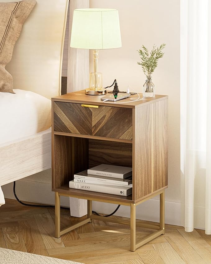 Nightstand with Charging Station, Boho Night Stand Wood Farmhouse Bedside Table with Storage, End Side Accent Table Walnut