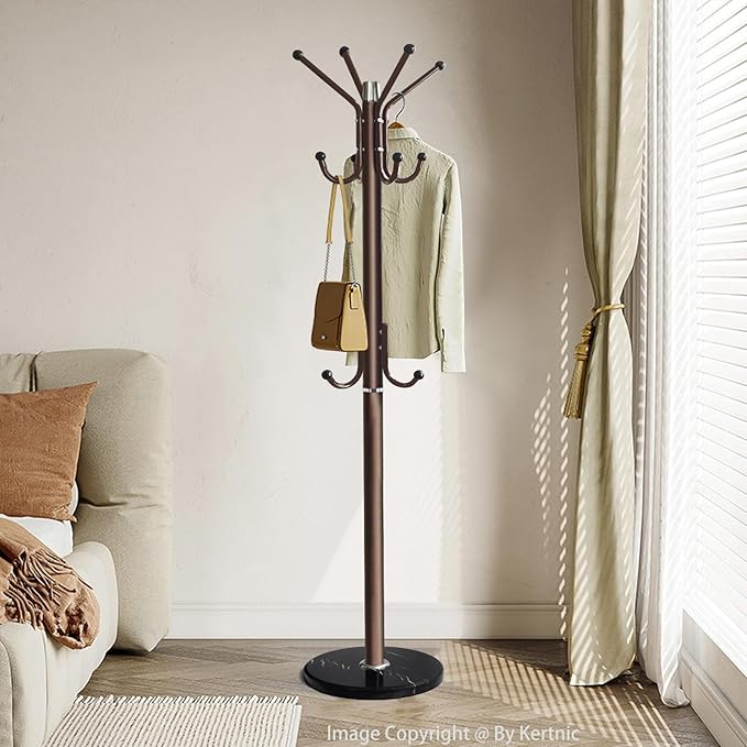 Kertnic Modern Coat Rack Freestanding with Natural Marble Base & Sturdy Metal Frame, 11 Hooks Hall Tree for Jackets, Hats, Bags, Entryway Organizer for Bedroom, Living Room, Closet (Bronze)
