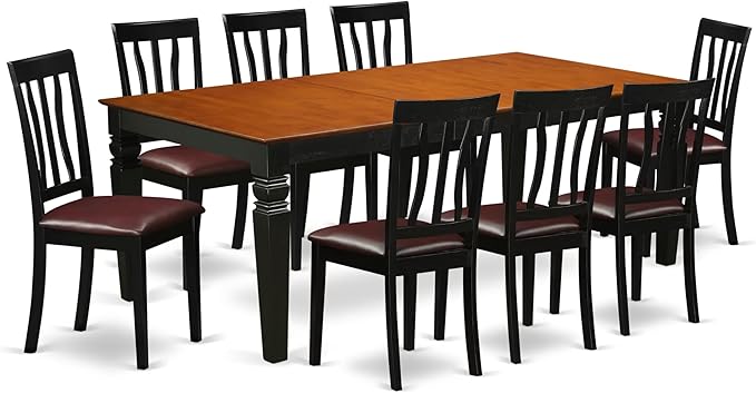 East West Furniture LGAN9-BCH-LC 9 Piece Kitchen Table & Chairs Set Includes a Rectangle Dining Room Table with Butterfly Leaf and 8 Faux Leather Upholstered Chairs, 42x84 Inch, Black & Cherry