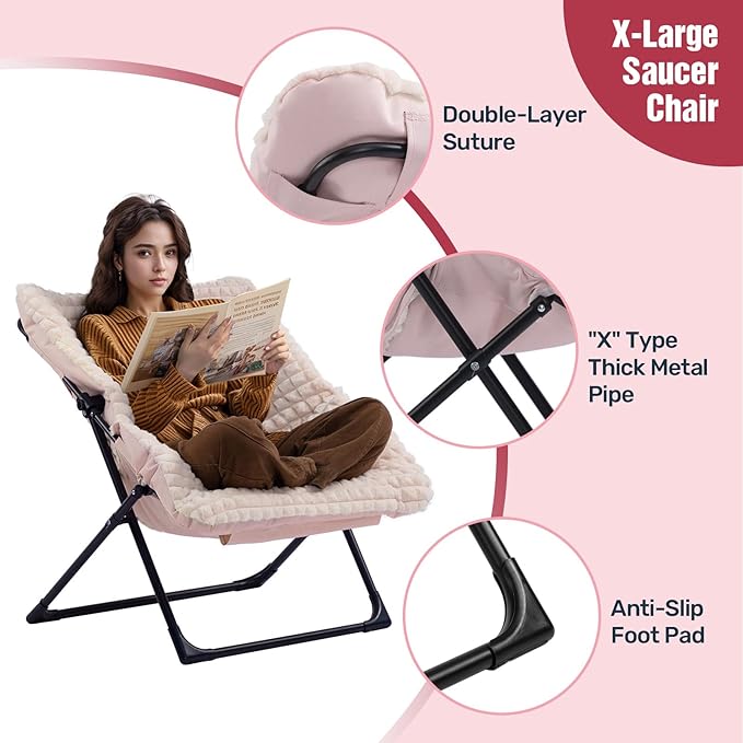 HollyHOME X-Large Saucer Chair, Comfy Oversized Folding Chair, Faux-Fur Reading Chair for Teens, Adults, Foldable Accent Chair, Metal Lounge Chair for Living Room, Bedroom, Dorm, Grid Champagne Pink