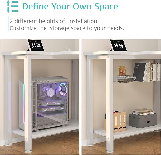 Lufeiya White L Shaped Desk with Drawers & Storage Shelves, 55 Inch Corner Computer Desk with Power Outlet for Home Office Bedroom, L-Shaped Teen PC Desks with Fabric Drawer, White