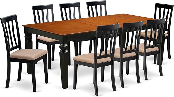 East West Furniture LGAN9-BCH-C 9 Piece Dining Set Includes a Rectangle Dining Room Table with Butterfly Leaf and 8 Linen Fabric Upholstered Chairs, 42x84 Inch, Black & Cherry