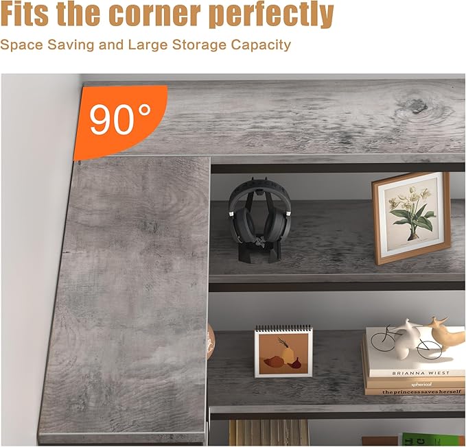 Shintenchi 5 Tiers Corner Bookshelf, 70.86" Tall L-Shaped Bookcase, Large Corner Etagere Bookcase, Corner Shelf Display Storage Rack with Metal Frame for Living Room Home Office, Grey