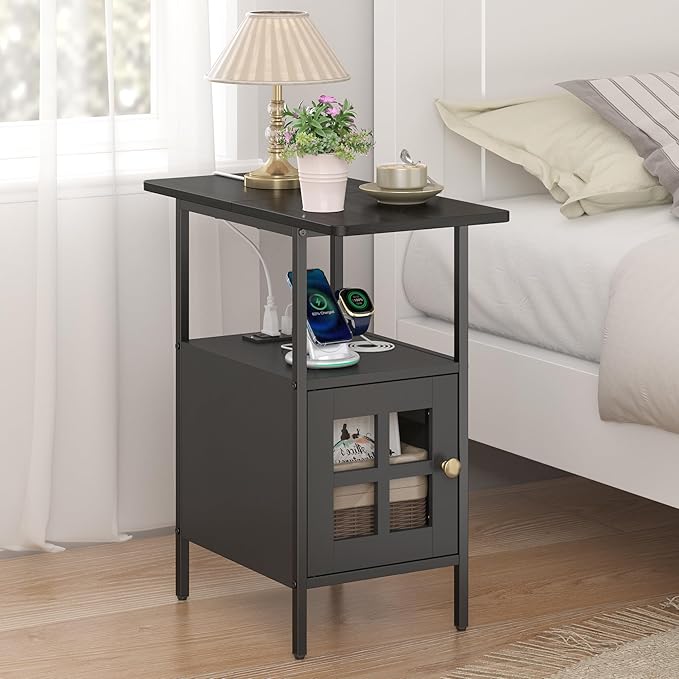 Farmhouse Narrow Side Table with Charging Station - 3-Tier End Table with USB & Outlets Compact Bedside Storage Table for Small Spaces, Multi-Functional Accent Table for Couch Corner Entryway Black