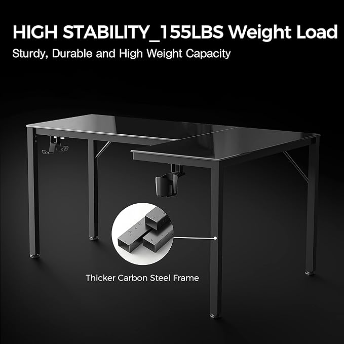 EUREKA ERGONOMIC RGB LED Lights 60 Inch L Shaped Reversible Black Glass Gaming Desk Home Office Computer Table GTG L60