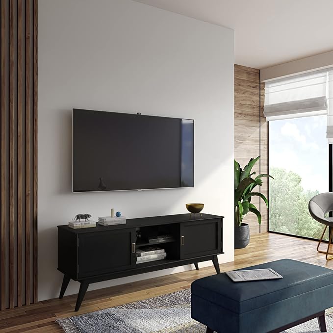 SIMPLIHOME Draper SOLID HARDWOOD 60 inch Wide Mid Century Modern TV Media Stand in Black For TVs up to 65 inches for the Living Room and Entertainment Center