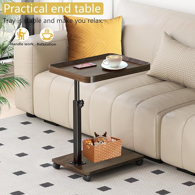 C Table End Table Adjustable Height, 360°Swivel TV Tray Table for Small Spaces, Couch Tables That Slide Under, C Shaped Side Tables with Wheels for Living Room and Bedroom, Bed