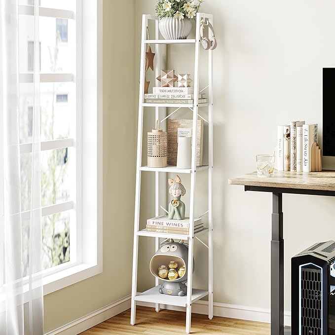 Ladder Shelf, Bookshelf Bookcase, Freestanding Corner Storage Shelve with 2 Hooks for Home Office, Living Room, Kitchen, Bedroom, Industrial, 5-Tier White BC03213W