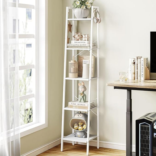 Ladder Shelf, Bookshelf Bookcase, Freestanding Corner Storage Shelve with 2 Hooks for Home Office, Living Room, Kitchen, Bedroom, Industrial, 5-Tier White BC03213W