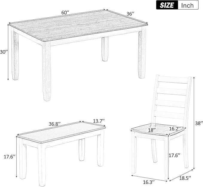 Merax 6-Piece Wooden Rectangular Dining Table Set with 4 Rubber Wood Chairs and 1 Bench