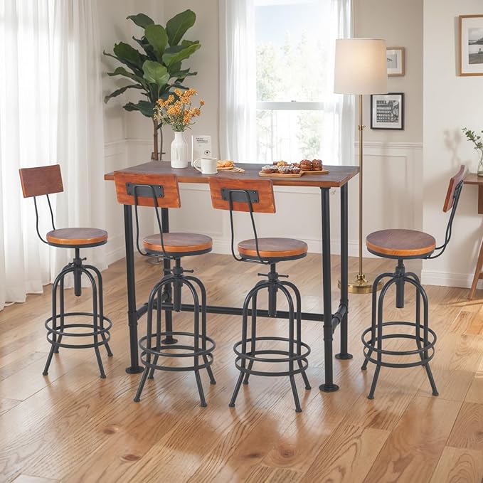 Set of 2-Industrial Bar Stools with Backrest-Swivel Wood Seat-Bar Counter Height Adjustable 26-32.2inch-Kitchen Island Dining Chair