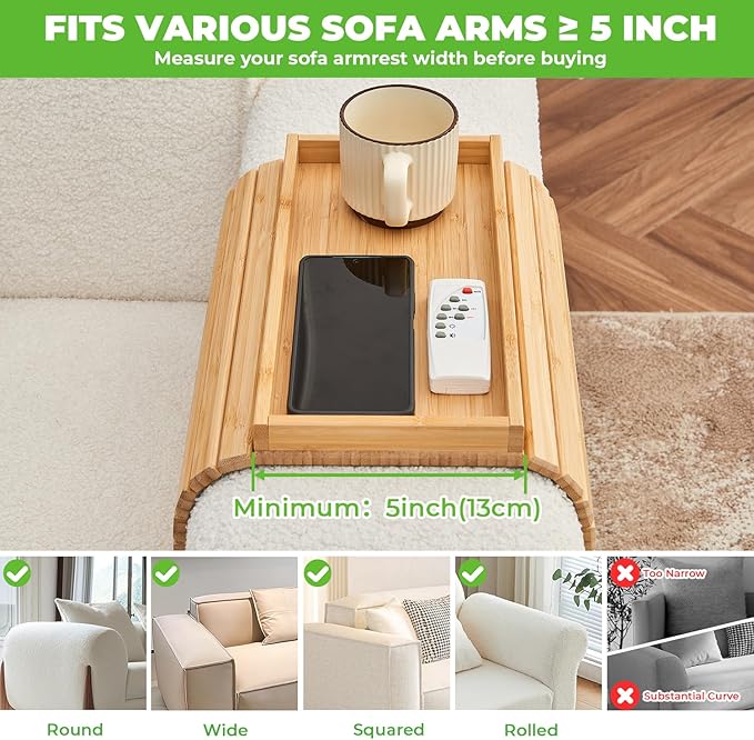 Bamboo Sofa Arm Tray, Anti Falling Couch Arm Tray Table, Foldable Couch Armrest Table, Portable Sofa Armrest Trays Cup Holder for Drink, Cups, Phone, Snacks, Remote