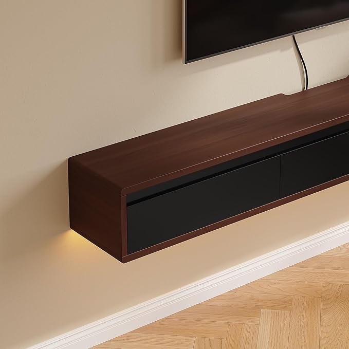 Floating TV Stand Matte Finish,70'' Wall-Mounted TV Cabinet,Floating TV Console,Under TV Shelf with 3 Doors for Living Room Bedroom(Walnut+Black)