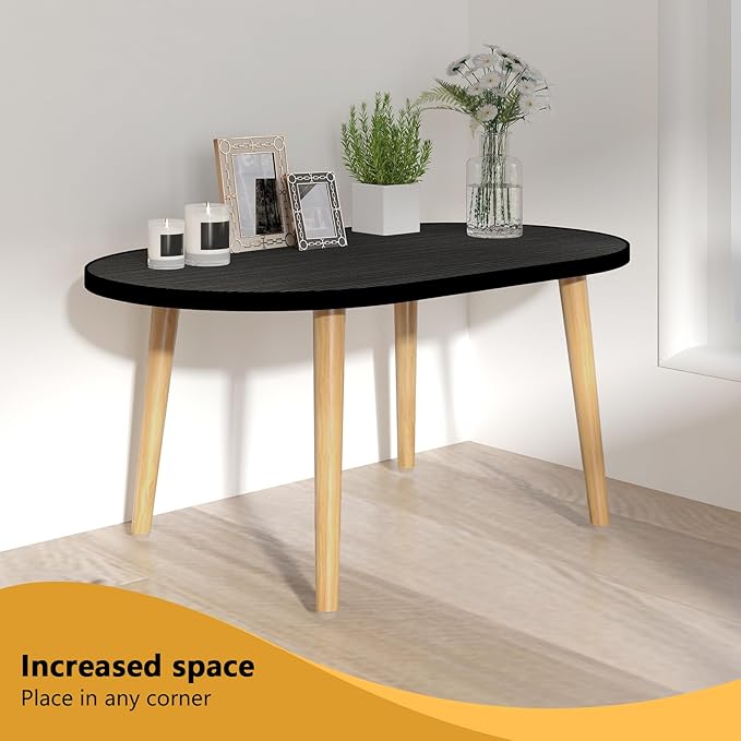Oval Coffee Table Low Table with 4 Solid Wood Sturdy Legs, Floor Table Desk for Sitting on The Floor, Storage and Living Room Furniture (Black)