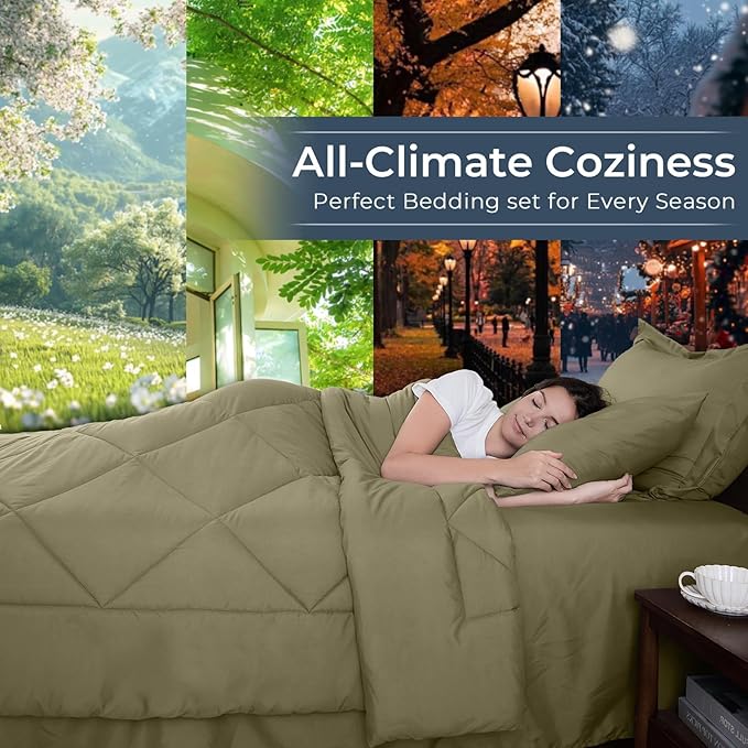 HEVUMYI Olive Green Twin Comforter Set - 5-Piece All Season Bed in a Bag Twin, Ultra Soft Bedding Set with Comforter, Flat Sheet, Fitted Sheet, Pillowcases, Pillow Shams, Olive Green