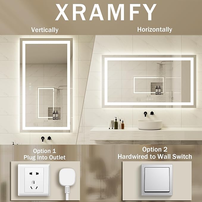 48'' x 32'' LED Bathroom Mirror with Lights, Wall Mirror with Front and Backlight, 3 Colors Vanity Mirror with Lights, Anti-Fog Wall Mirror for Bathroom