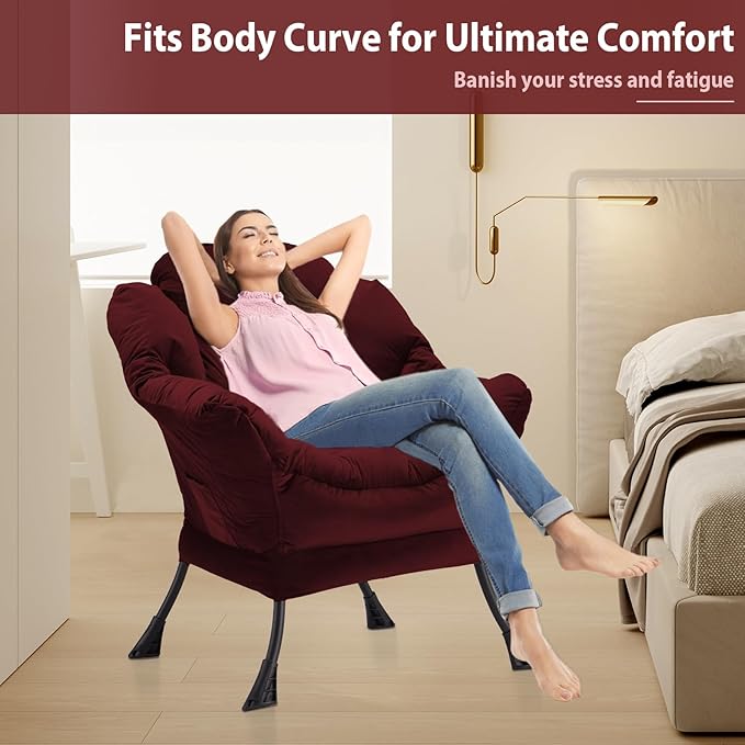 Lazy Chair Thick Padded, Comfy Velvet Accent Lounge Chair with Stable Frame, Leisure Sofa Armchair with Armrests and Side Pocket, Reading Chair for Bedroom, Living Room, Office, Burgundy