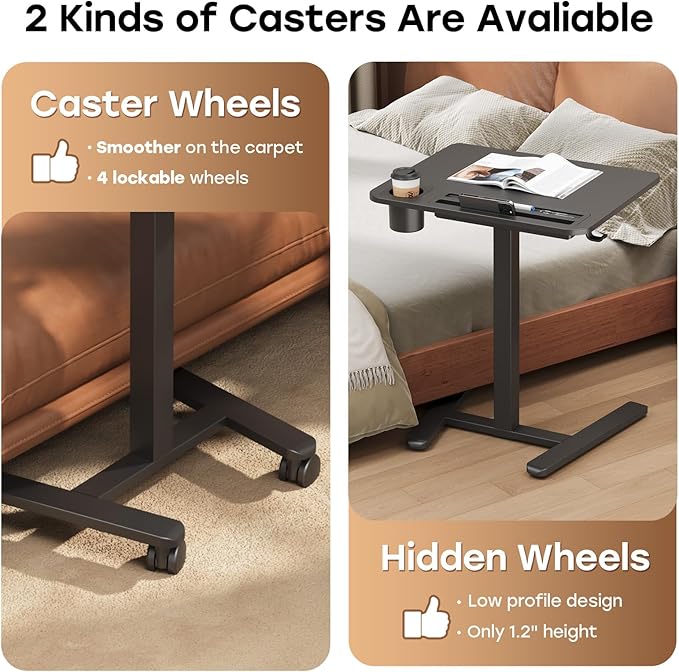 Mobile Small Standing Desk with Drawer, 23.6"x19.7" Rolling Laptop Cart on Wheels, Height Adjustable Sit Stand Computer Workstation with Storage for Compact Space, Black