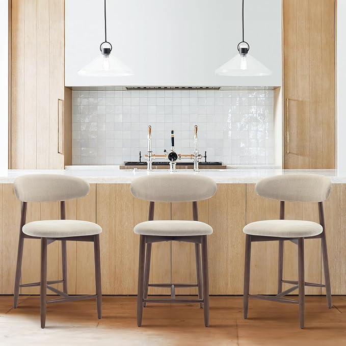 COLAMY Counter Height Bar Stools Set of 3, Kitchen Bar Stools with Back, Mid Century Modern Upholstered, with Wood Legs for Kitchen Island Dining Room, Beige