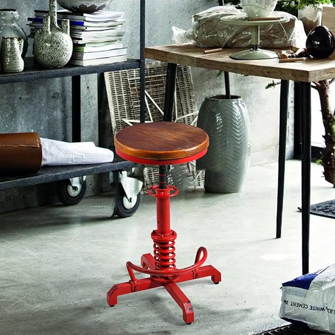 Topower Industrial Retro Vintage Farm Wooden Seat Tractor Stool Kitchen Swivel Height Adjustable bar Stool Antique Red