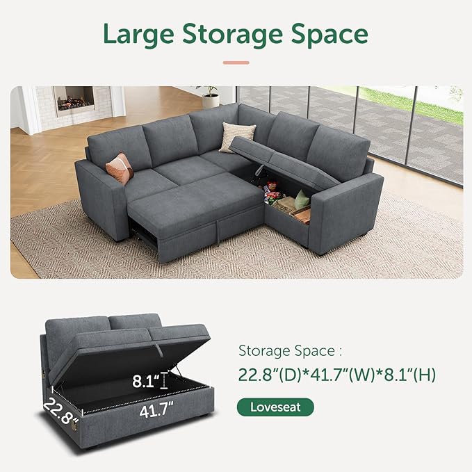 HONBAY Modular Sectional Sleeper Sofa with Pull Out Bed, Chenille L Shaped Couch with Storage Seats, Convertible Sectional Couches for Living Room, Bluish Grey