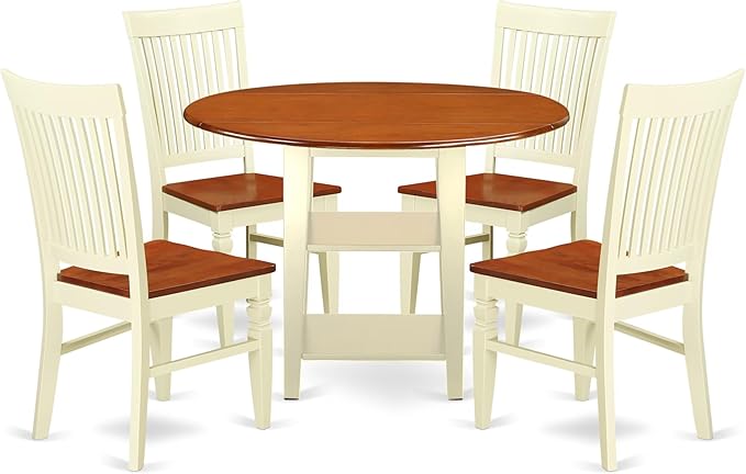 East West Furniture SUWE5-BMK-W 5 Piece Dining Table Set for 4 Includes a Round Kitchen Table with Dropleaf & Shelves and 4 Kitchen Dining Chairs, 42x42 Inch, Buttermilk & Cherry