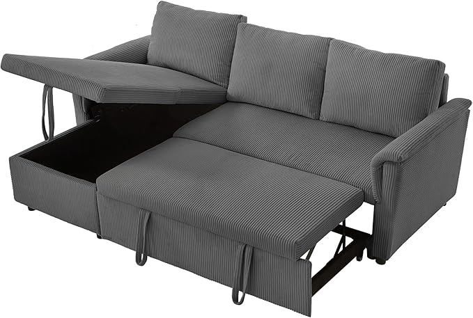Ball & Cast Reversible Sectional Sofa Couch,L-Shape Sleeper Sofa Bed with Storage Chaise Pull Out Couch for Living Room | Hidden Storage | Pull Out Bed | Removable Backrest | Corduroy Fabric,Gray