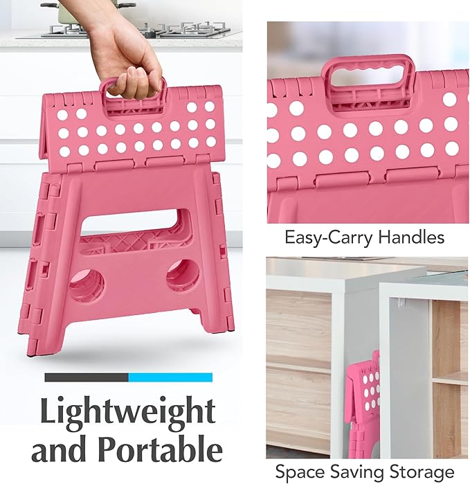 Handy Laundry Folding Lightweight Step Stool - Sturdy Enough to Support Adults and Safe Enough for Kids - Opens Easy with One Flip - Great for Kitchen, Bathroom or Bedroom (Pink - 13 inch)