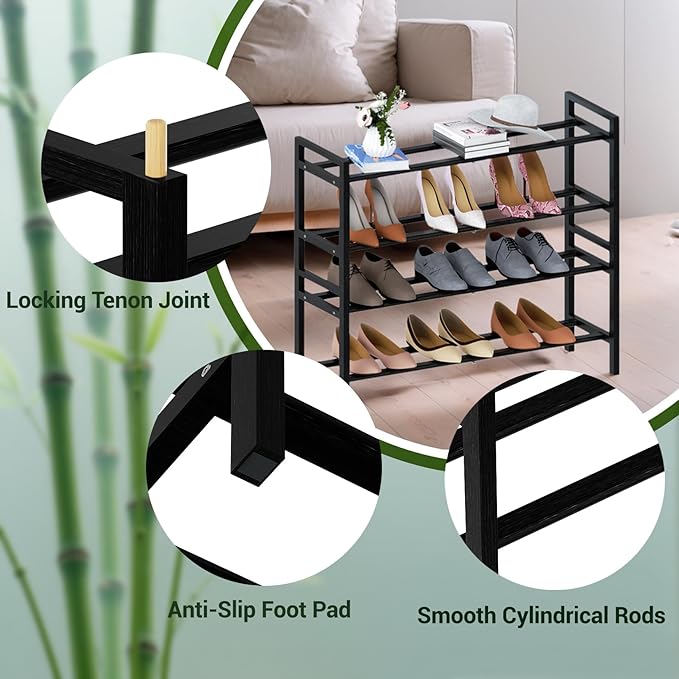 Haddockway Bamboo Shoe Rack for Closet, Free Standing Shoe Organizer with Smooth Round Rods & Convenient Handles, Stackable Shoe Storage Shelf for Entryway, Hallway(Black, 4-Tier)