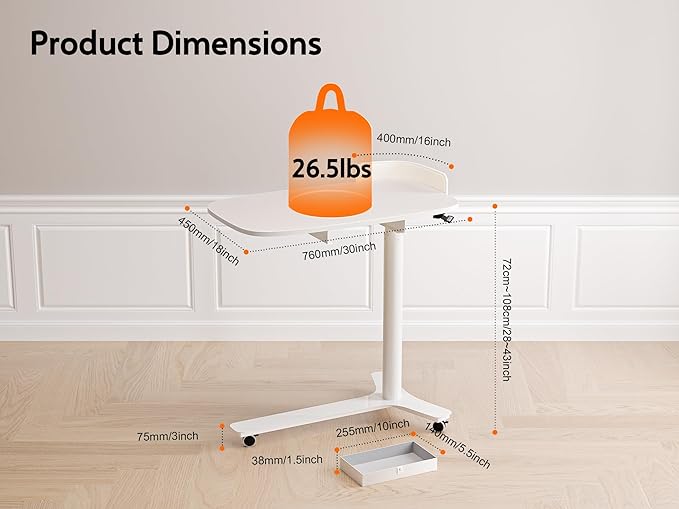 Rolling Desk Adjustable Height with Drawer and Wheels, Portable Small Standing Desk Pneumatic for Home Office, Mobile Computer Laptop Cart, Medical Sofa Overbed Table, White