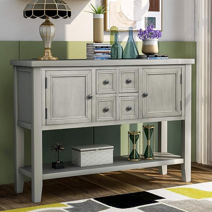 Merax Modern Wood Buffet Table with Storage Shelf, 2 Drawers and 2 Cabinets Buffet Coffee Bar Cabinet for Living Room Dinning Room Kitchen (Antique Gray)