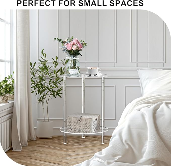 Clear Acrylic Round Side Table for Small Spaces, Acrylic Clear Coffee/End/Bedside Table,2-Tier Acrylic Nightsand/Furniture for Living Room, Bedroom, Bathroom, Garden, Office