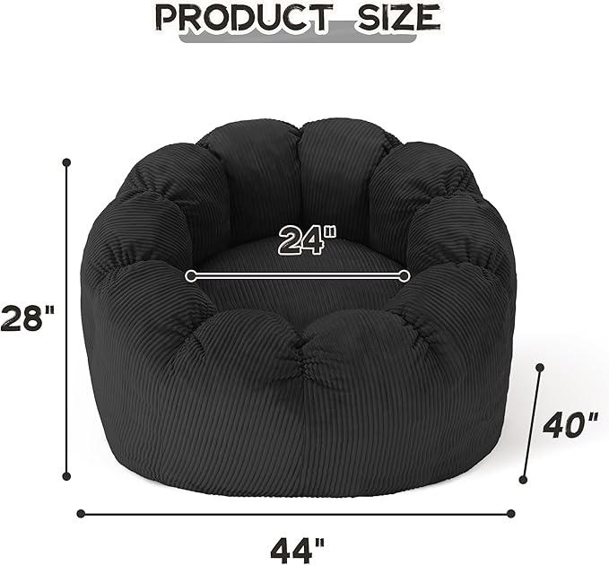 HABUTWAY Giant Bean Bag Chair for Adults/Kids/Teens, Pumpkin Bean Bag Couch Comfy Reading Chair for Bedroom, Corduroy Lazy Sofa Loughe Chair with Wider Seat Depth & Non-Slip Bottom (Black)