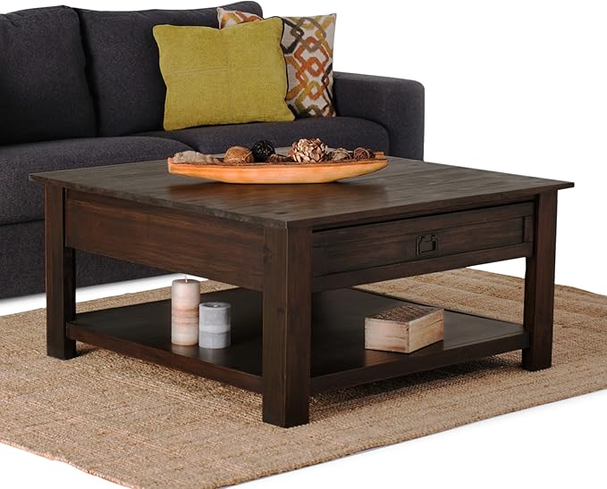 SIMPLIHOME Monroe Square Coffee Table - 38 inch Wide Solid Acacia Wood Living Room Table in Distressed Charcoal Brown, Rustic Cocktail Table for Family Room or Lounge with 2 Drawers and Open Shelf