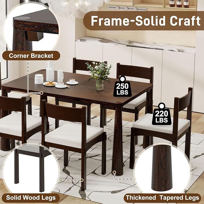 Dining Table with Chairs Set of 6, 7-Piece 60" Farmhouse Rectangular Dining Room Table with 6 Upholstered Solid Wood Chairs, Space Saving Kitchen Tables for Small Place (Espresso)
