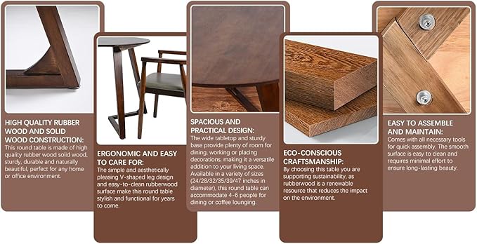 Round Rubber Solid Wood Dining Table - Mid Century Modern Style with V-Shaped Wooden Frame Base, Multi-Functional as Meeting/Coffee/Leisure Table,Space Saving Design,24”