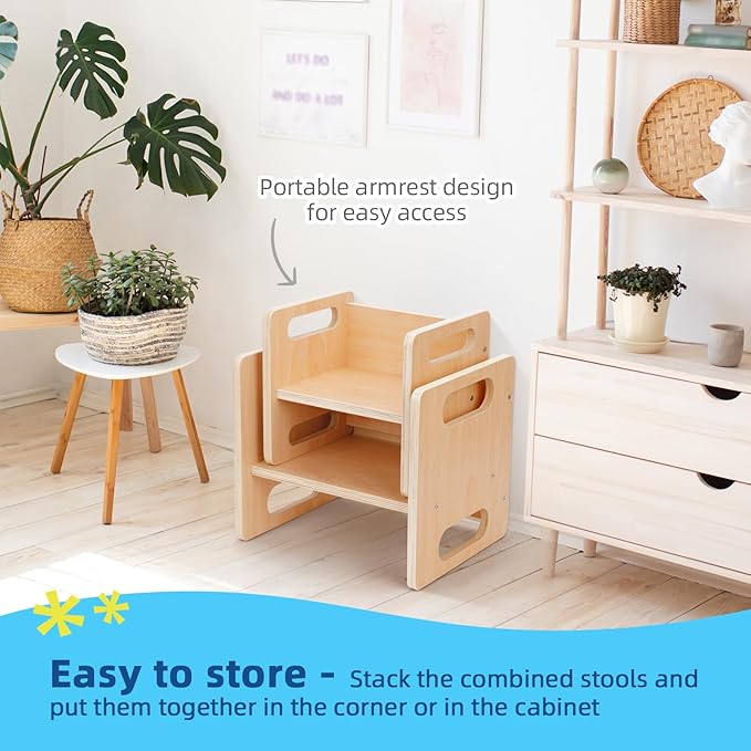 OOOK Montessori Weaning Table and Chair Set, Kids Activity Table and Chair Set with Fence for Read, Play Toys, Snack Time, Step Stool, 1-3 Year Old Kids Montessori Furniture